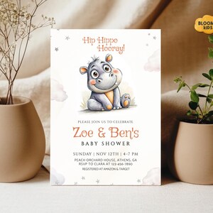 Faire-part de baby shower d'hippopotame modifiable, invitation de bébé Safari mignon pour garçon ou fille, modèle de jungle aquarelle, téléchargement immédiat