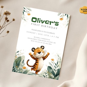 Convite de primeiro aniversário para menino, convite para festa de safári na selva, modelo editável de aquarela selvagem, download digital para impressão