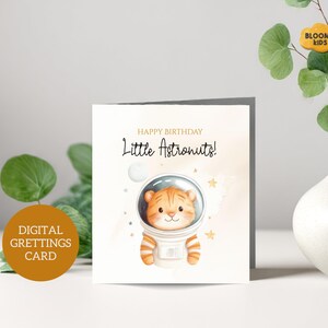 Cartão de aniversário editável de tigre espacial, saudação de aniversário para pequenos astronautas, cartão infantil personalizado, envelope faça você mesmo, modelo para download instantâneo