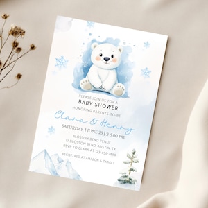 Invitation de baby shower d'hiver ours polaire modifiable garçon, ours mignon des neiges inviter avec des montagnes, modèle imprimable, téléchargement immédiat