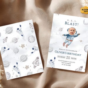 Convite de primeiro aniversário espacial, convite para festa temática espacial, aniversário com tema de foguete astronauta, download instantâneo, modelo editável