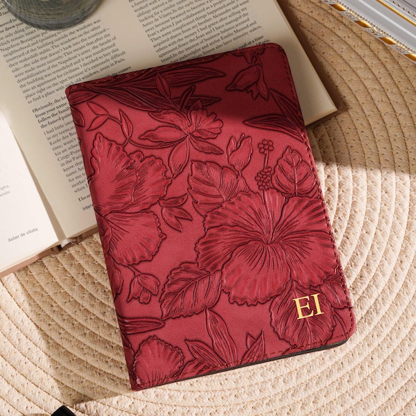 Embossed Red Leather Kindle Case, Custom Initials Kindle Cover kindle Paperwhite 12th 7'' Case with Auto Wake and Sleep, Gift for her
