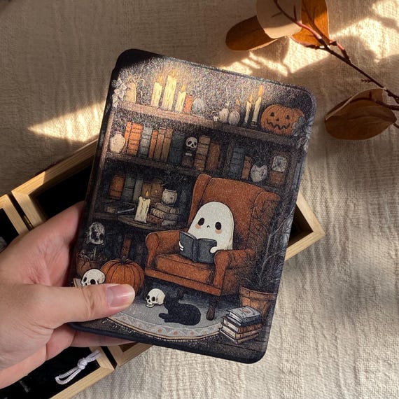 Cozy Ghost Reader Kindle Case 12th 2024 Kindle Paperwhite, Kobo Clara Case with Clear Back and Hand Strap, Kindle Oasis Case, Gift for her