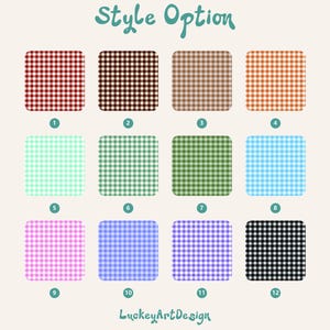 Puede incluir: Ilustraci&oacute;n digital que muestra doce muestras de tela cuadradas con patrones de cuadros en varios colores. Las muestras est&aacute;n numeradas y etiquetadas con el texto "Style Option" y "LuckeyArt Design". Los colores incluyen rojo, marr&oacute;n, beige, naranja, menta, verde, azul, rosa, morado y negro.