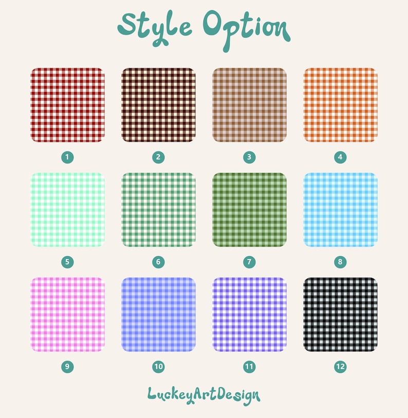 Puede incluir: Ilustraci&oacute;n digital que muestra doce muestras de tela cuadradas con patrones de cuadros en varios colores. Las muestras est&aacute;n numeradas y etiquetadas con el texto "Style Option" y "LuckeyArt Design". Los colores incluyen rojo, marr&oacute;n, beige, naranja, menta, verde, azul, rosa, morado y negro.