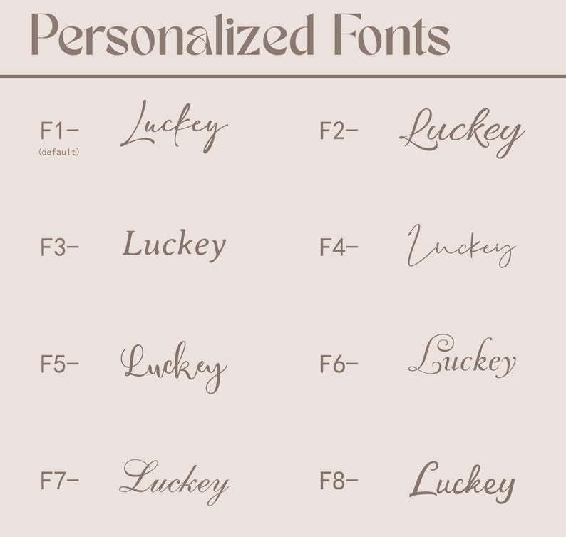 K&ouml;nnte beinhalten: Beige Grafik mit dem Text "Personalized Fonts" oben. Darunter sind acht Schriftarten, die jeweils das Wort "Luckey" in verschiedenen Schreib- und Druckstilen anzeigen. Die erste Schriftart ist mit "F1 (default)" gekennzeichnet.