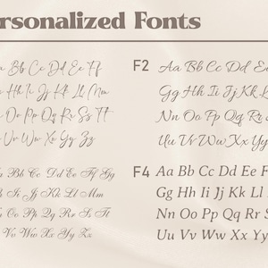 May include: Image showcasing four different font styles, labeled F1 through F4, with the text "Personalized Fonts" at the top. Each font displays the alphabet in a cursive style, ideal for personalized designs.