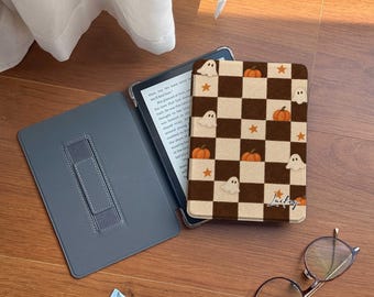 Personalized Halloween Kindle Case, Pumpkin Ghost Checkerboard Tablet Cover, Custom Name E Reader Case, Cute Fall Gift for Book Lovers