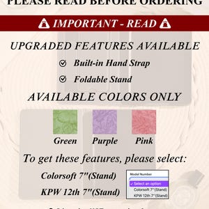 May include: Image with text: "PLEASE READ BEFORE ORDERING" and "IMPORTANT - READ". It lists upgraded features: Built-in Hand Strap and Foldable Stand. Available colors are Green, Purple, and Pink. Select Colorsoft 7"(Stand) or KPW 12th 7"(Stand).