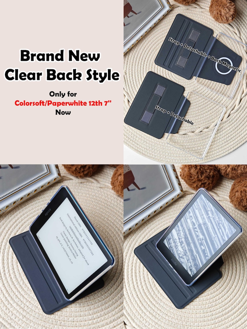 Puede incluir: Una funda protectora gris oscuro para un lector electr&oacute;nico Colorssoft/Paperwhite 12th 7". La funda presenta un dise&ntilde;o de parte trasera transparente, una correa y un componente magn&eacute;tico desmontable. La imagen tambi&eacute;n muestra el lector electr&oacute;nico con la funda abierta, mostrando texto en la pantalla.