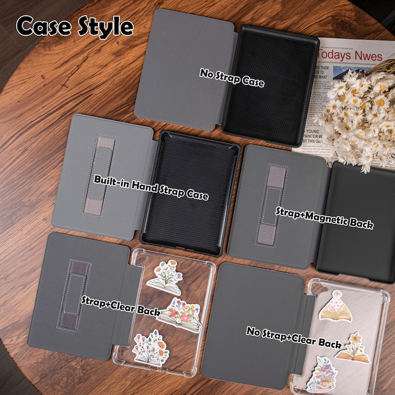 K&ouml;nnte beinhalten: Eine Auswahl an E-Reader-H&uuml;llen in verschiedenen Ausf&uuml;hrungen, darunter "No Strap Case", "Built-in Hand Strap Case" und "Strap+Magnetic Back". Die H&uuml;llen sind haupts&auml;chlich grau und schwarz, einige mit transparenten R&uuml;ckseiten und dekorativen Aufklebern. Der Text "Case Style" ist sichtbar.