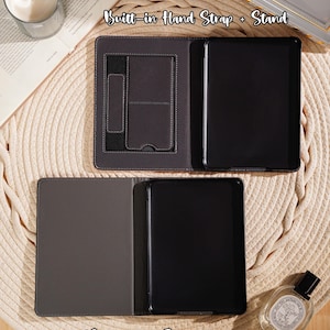 May include: Two black e-reader cases, one open and one closed, with the text "Case Style" and "Built-in Hand Strap + Stand" at the top. The bottom case is labeled "Regular Style". The cases are on a woven surface.