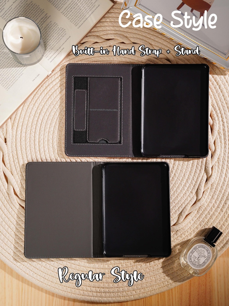 May include: Two black e-reader cases, one open and one closed, with the text "Case Style" and "Built-in Hand Strap + Stand" at the top. The bottom case is labeled "Regular Style". The cases are on a woven surface.