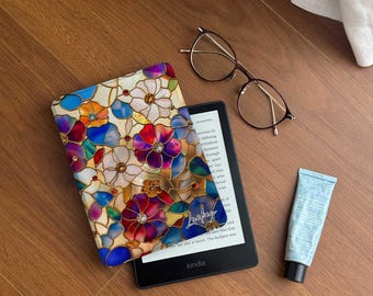 Stained Glass Flower Kindle Paperwhite Cover: Magnetic/Clear Back with Strap