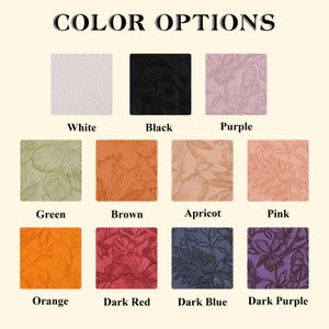 May include: Image displays a color chart with the text "COLOR OPTIONS" at the top. The chart showcases nine square tiles, each with a different color and floral pattern. Colors include white, black, purple, green, brown, apricot, pink, orange, dark red, dark blue, and dark purple.