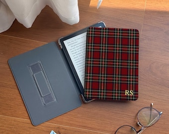 Personalized Plaid Kindle Case with Stand & Hand Strap, Tartan E Reader Cover, Custom Initial Gift for Book Lovers