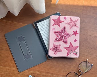 Personalized Pink Star E-Reader Case, Custom Ebook Cover with Hand Strap, Custom Name E Reader Case