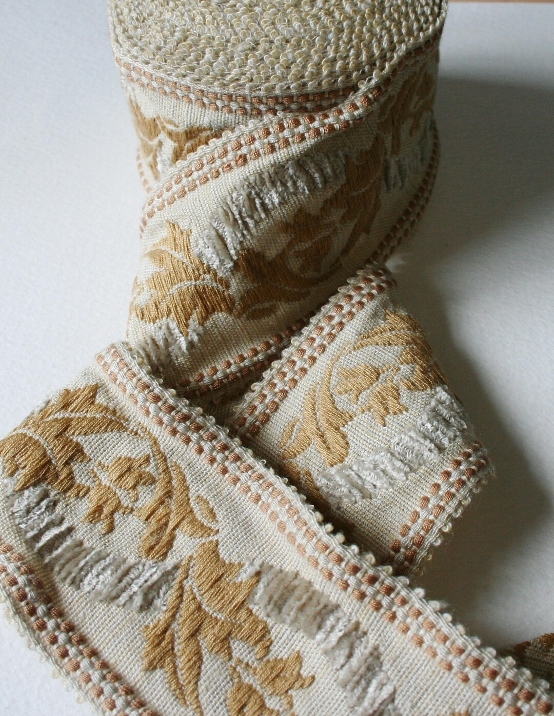 WIDE Vintage Upholstery Trim Leafy Design Raised Chenille Effect Coffee