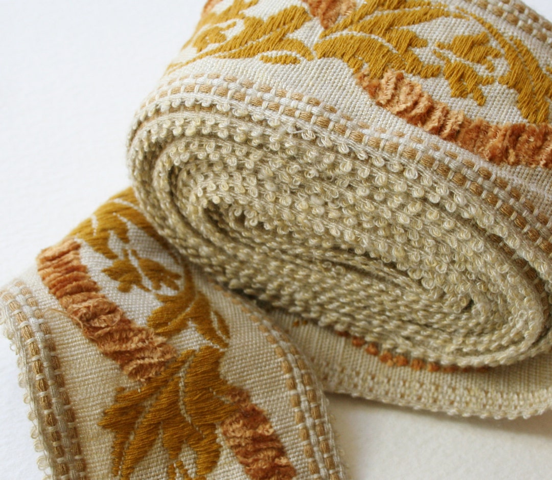 WIDE Vintage Upholstery Trim Floral Raised Chenille Design Gold and