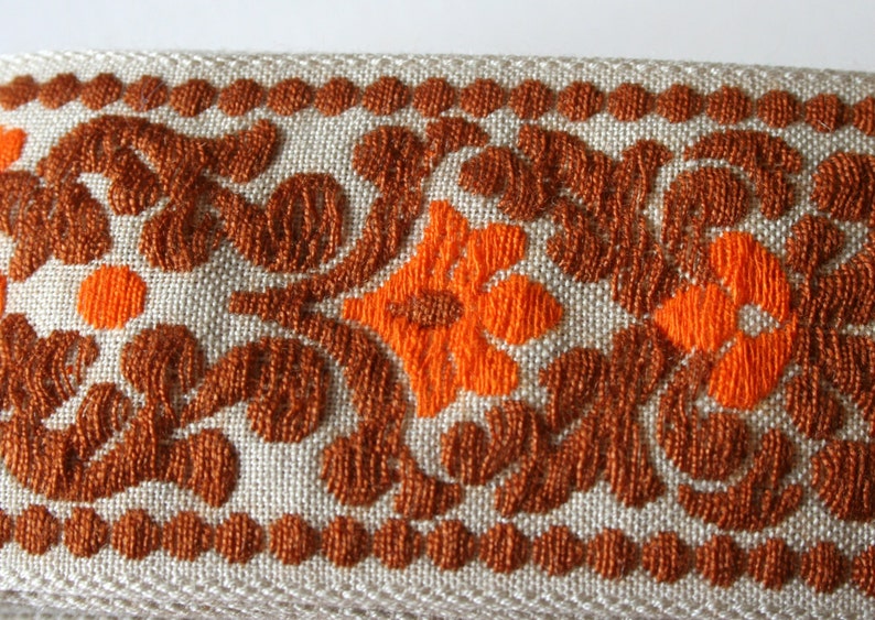 Wider version Orange Brown Vintage Upholstery Ribbon Trim Floral Scroll Design image 4