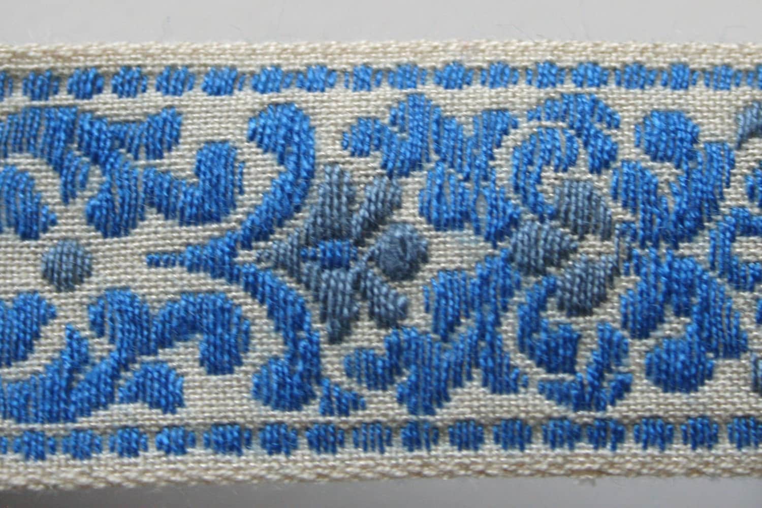 Vintage Woven Upholstery Trim Blue Grey Gray Floral Design Etsy