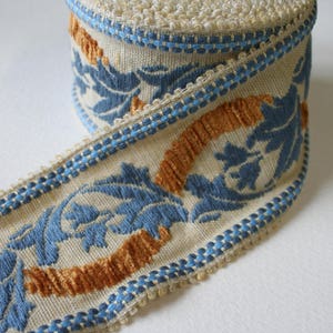 Vintage Trim Wide blue and Tangerine Orange Leaf Design Chenille Detail