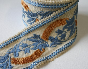 Vintage Trim Wide blue and Tangerine Orange Leaf Design Chenille Detail