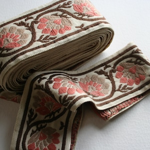 WIDE Tapicería Vintage Cinta Ribete Marrón Óxido/ Rosa Gris Gris Motivo Floral y Vid 4 Metros