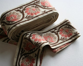 WIDE Vintage Upholstery Ribbon Trim Rust Brown/ Pink Gray Grey Floral and Vine Motif 4 Meters