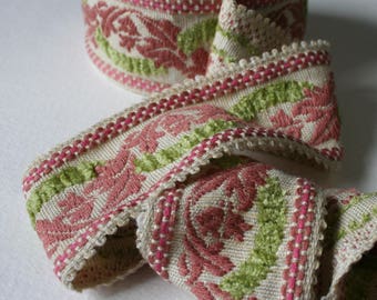 Vintage Trim Dusky Pink and Lime Green Leaf and Frond Design Chenille Detail 4 Meters Narrower version