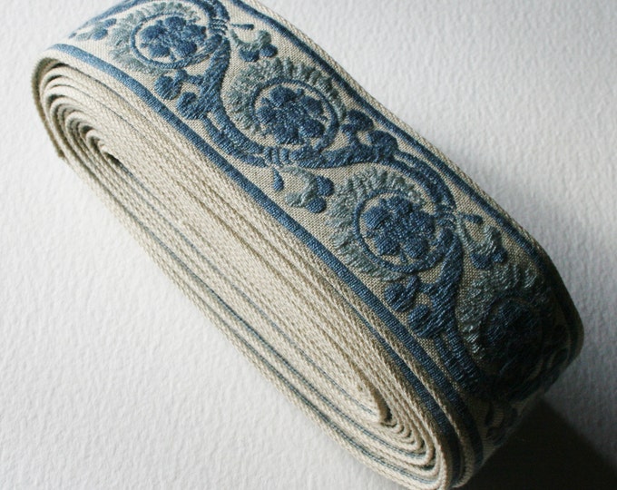 Vintage Upholstery Trim 2 Tone Blue Delft 4 Meters Floral Scroll Motif