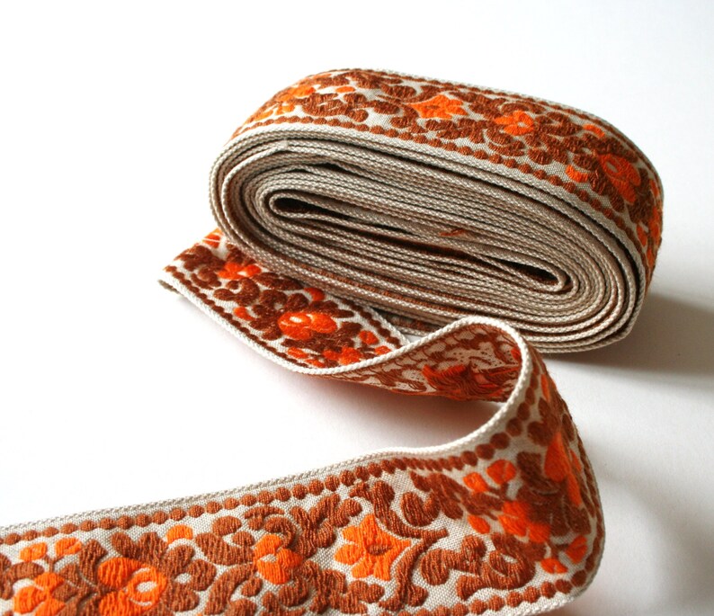 Wider version Orange Brown Vintage Upholstery Ribbon Trim Floral Scroll Design image 3