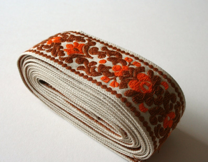 Wider version Orange Brown Vintage Upholstery Ribbon Trim Floral Scroll Design image 2