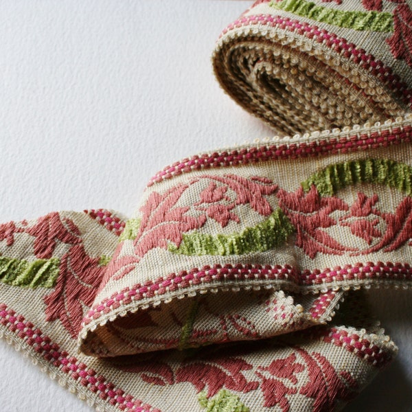 WIDE Vintage Trim Wide Dusky Pink and Lime Green Leaf and Frond Design Chenille Detail 4 Meters