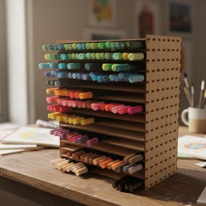 Puede incluir: Un organizador de madera para bolígrafos y rotuladores lleno de un arcoíris de rotuladores de colores. El organizador es de madera marrón claro y tiene múltiples ranuras horizontales para guardar los rotuladores. Los rotuladores están ordenados por color.