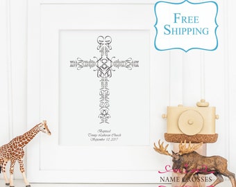May include: A framed white print featuring a stylized black cross composed of names. The print includes the text "Baptized Trinity Lutheran Church September 10, 2017." Decorative wooden giraffe, camera, and moose figurines are in the foreground.
