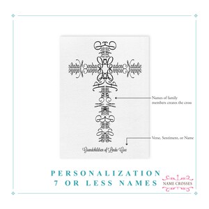 May include: A white print featuring a cross shape composed of names in a script font. The words "Grandchildren of Linda Cox" are at the bottom. The text "PERSONALIZATION 7 OR LESS NAMES" is at the bottom.