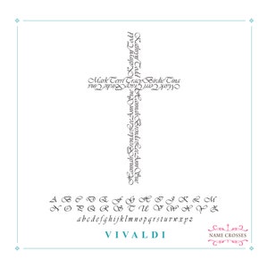 May include: A white graphic design featuring a cross shape formed by names in a cursive font. Below the cross are the letters of the alphabet in both uppercase and lowercase. The word "VIVALDI" is at the bottom, with "NAME CROSSES" in the lower right corner.
