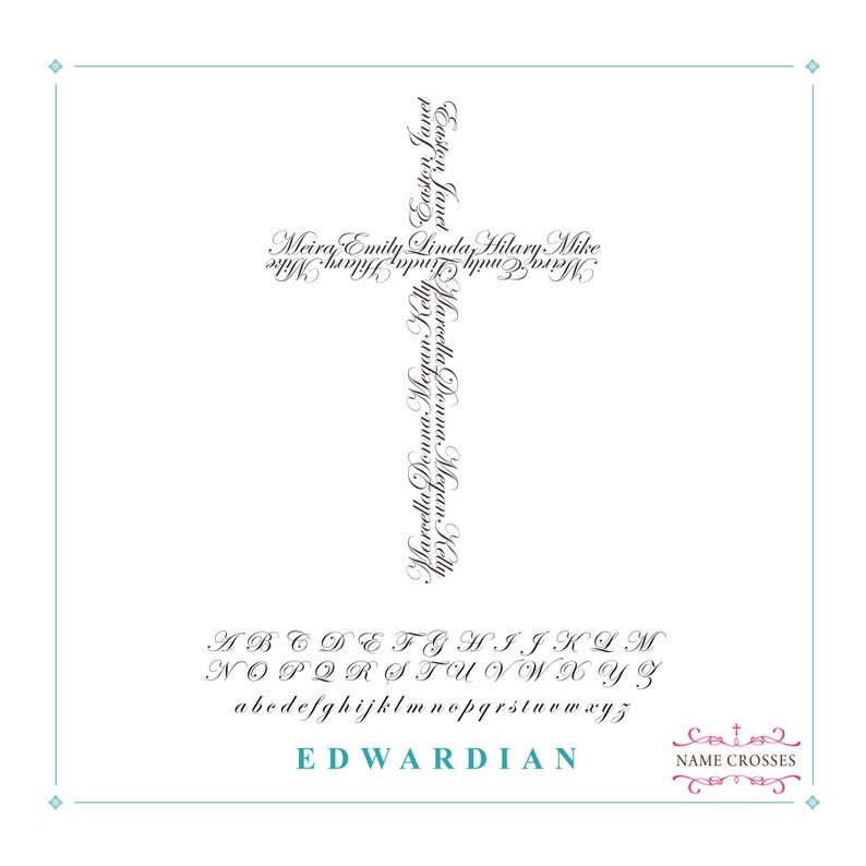 May include: A white cross design composed of names in a cursive font. The word "EDWARDIAN" is at the bottom, with the text "NAME CROSSES" and an alphabet in a cursive font. The design is on a white background with a light blue border.