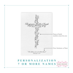 May include: A white cross design with names forming the shape, featuring names like Benjamin, Maddox, and Sarah. The text "Her children arise and call her blessed" is included. The design is for personalization with 7 or more names.