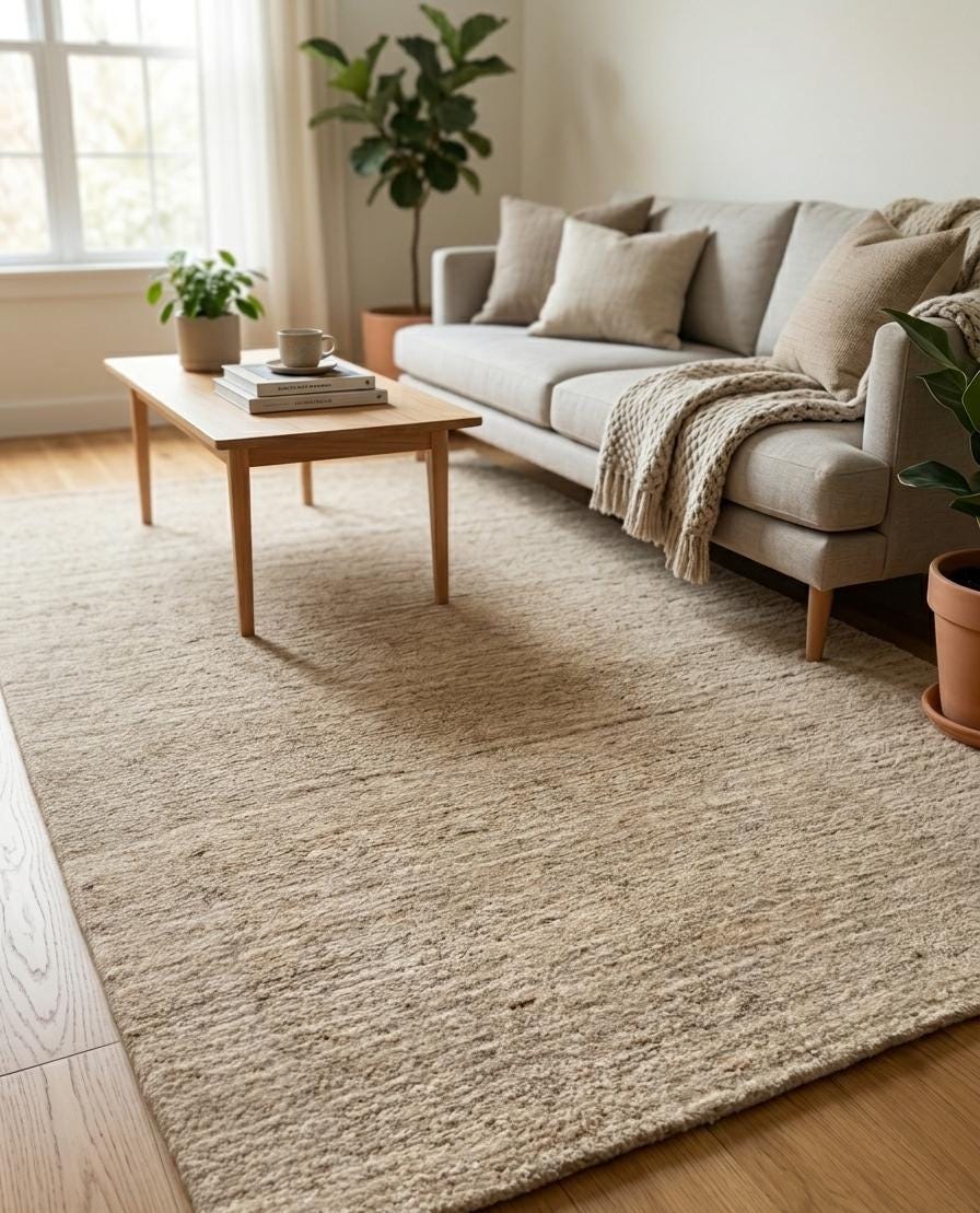 Beige Wool Rug, Neutral Area Rug, Handmade Minimalist Scandinavian Carpet, Thick Wool Rug
