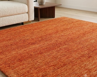 Alfombra de lana tejida a mano color naranja quemado de 1,2 x 1,8 m, alfombra de área texturizada color naranja óxido.