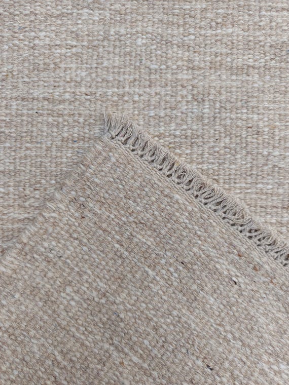 Handwoven Neutral Wool Rug, Beige Flatweave Area Rug, Scandinavian Minimalist Rug, Handmade Wool Carpet, Modern Fringe Rug