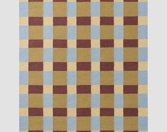 Alfombra escandinava de lana hecha a mano, alfombra moderna a cuadros, alfombra geométrica azul mostaza, alfombra personalizada para sala de estar, alfombra de lana de diseño