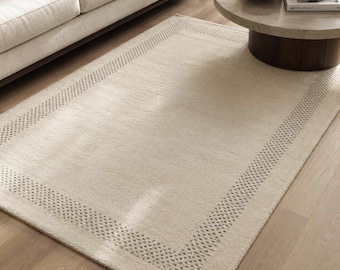 Alfombra Gabbeh de lana anudada a mano de 4x6, alfombra minimalista color crema marfil, alfombra escandinava neutra, alfombra de lana hecha a mano, alfombra Japandi para sala de estar