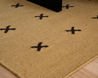 Alfombra escandinava de lana tejida a mano con tejido plano, alfombra con estampado de cruz mostaza, alfombra geométrica minimalista, alfombra moderna Japandi.