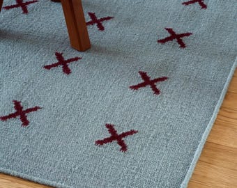 Scandinavian Cross Rug, Handwoven Wool Flatweave Rug, Nordic Geometric Area Rug, Swedish Style Living Room Rug, Blue Burgundy Wool Rug