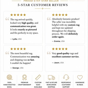 May include: A white informational graphic featuring five-star customer reviews for a rug shop. The text includes Trusted by Happy Homes Across the USA, Etsy Star Seller, and details about 100% hand knotted wool, custom sizes, and handmade in India.