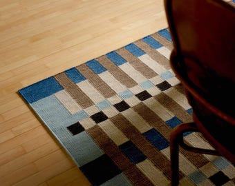 Modern Scandinavian Wool Rug, Blue Geometric Flatweave Rug, Nordic Area Rug, Handmade Kilim Rug, Minimalist Living Room Rug
