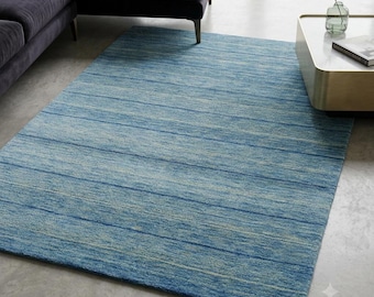 Alfombra de lana azul tejida a mano, 122 x 183 cm, estilo minimalista moderno, alfombra escandinava texturizada, alfombra hecha a mano para sala de estar o dormitorio.